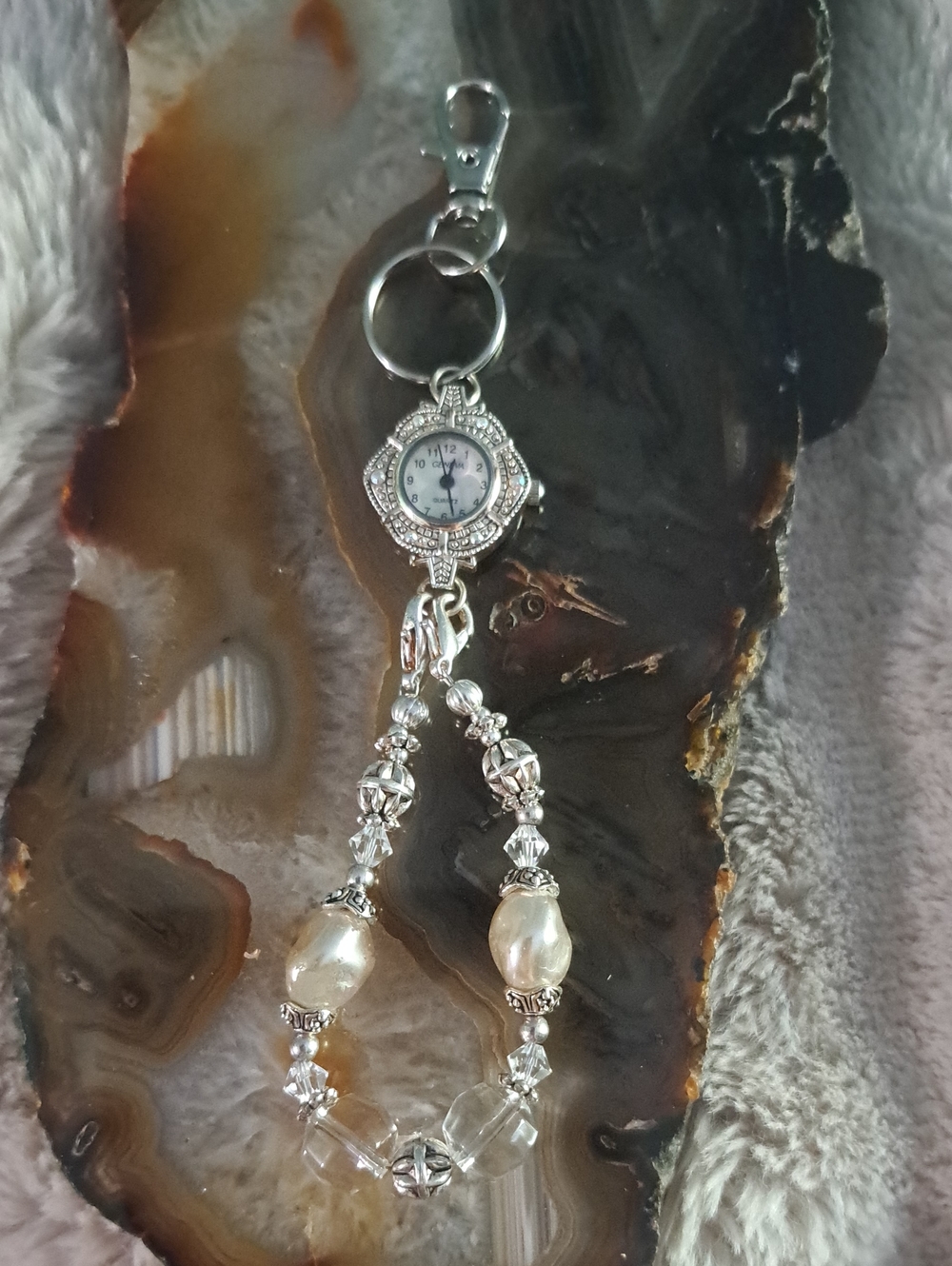 Hand Crafted Silver and Pearl Beaded Watch Bracelet Keychain Bag Jewelry